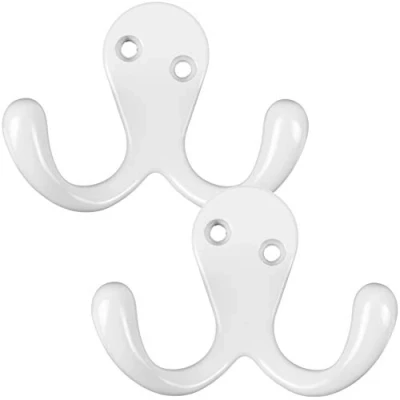 Image of 2X Heavy Duty Twin Prong Wall Hooks with a White Painted Metal Finish 50mm Ideal for Hats, Coats &amp; Clothing