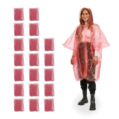 Image of Relaxdays Set of 20 Rain Ponchos, 100% plastic, Red, 123 x 125 0.01 cm