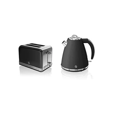 Image of Swan, STP7040BN, 1.5L Jug Kettle &amp; 2 Slice Toaster, Stainless Steel Body, 3kw, Slide Out Crumb Tray, Auto Centering, Black