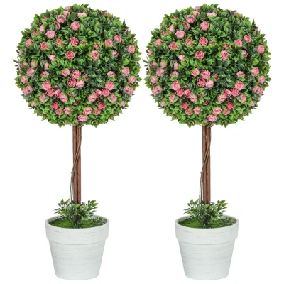 Image of HOMCOM Set of 2 Decorative Artificial Plants, Ball Topiary Tree with Rose Flower in Pot, Fake Plants for Home Indoor Outdoor Decor, 60cm, Pink