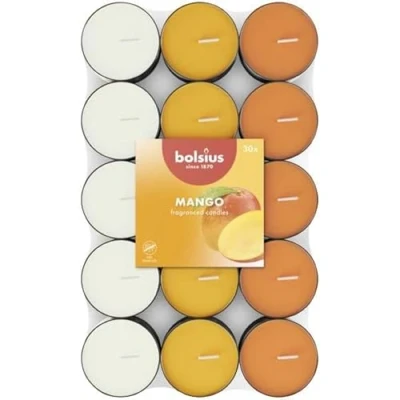 Image of Bolsius 30 Scented tealights Mango Burning time of 3.5 Hours Diameter 38 mm Natural extracts Includes Vegan Wax No Palm Oil