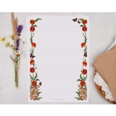 Image of Making Meadows A4 Lined Letter Writing Paper Set (20 Sheets &amp; 10 envelopes) Traditional Rabbit Poppy Flowers Design On Penpal Stationery