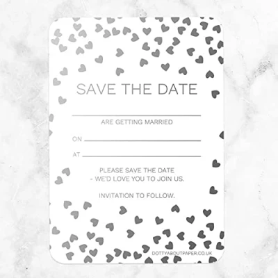Image of Dotty about Paper Silver Foil Metallic Hearts Save The Date Cards Pack of 10. Contemporary, Confetti, Glittering, Envelopes Included