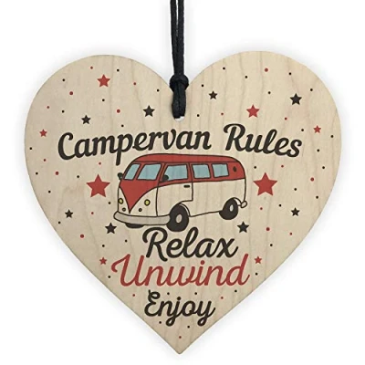 Image of RED OCEAN Hanging Funny Campervan Rules Sign Novelty Wooden Heart Plaque Welcome Retirement Friend Gift