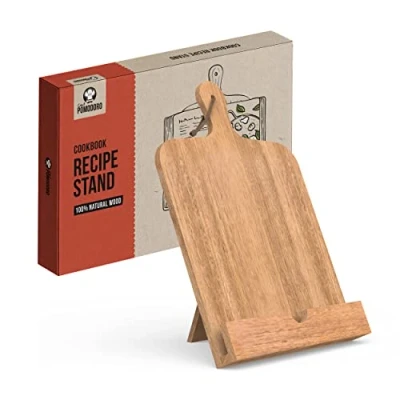 Image of Chef Pomodoro Cookbook Recipe Stand, Book Holder for Kitchen, Fits iPad Tablets and Cookbooks, Adjustable (Acacia Wood)