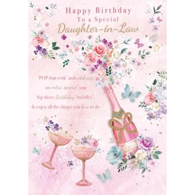 Image of Daughter in Law Birthday Card Special Champagne and Butterflies Floral Design Made the UK Eco Friendly