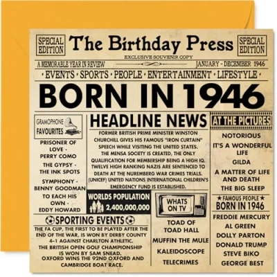 Image of 78th Birthday Cards for Men Women Born In 1946 Newspaper Happy 78 Card Grandad Grandma Nan Vintage Retro Back 1946, 145mm x Seventy Eight Eighth Bday Greeting