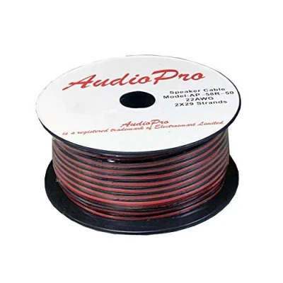 Image of AudioPro® Speaker Cable Wire 22 AWG (2 x 29 Strands) Select 25m or 50m Reel Colour White/Clear Transparent HiFi Home Audio Surround Sound etc (50m Reel, Red &amp; Black)