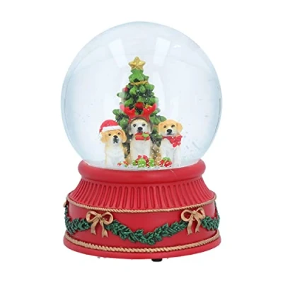 Image of Gisela Graham Christmas Decoration Musical Snow Globe Dogs Around Tree Dome