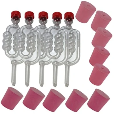 Image of 5X Fermentation Bubbler Airlocks, 5 Bored Rubber Bungs and Solid Homebrew Winemaking