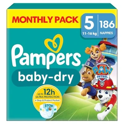 Image of Pampers Baby Dry Paw Patrol Edition Size 5, 186 Nappies, 11kg 16kg, Monthly Pack, with A Stop &amp; Protect Pocket to Help Prevent Leaks at The Back