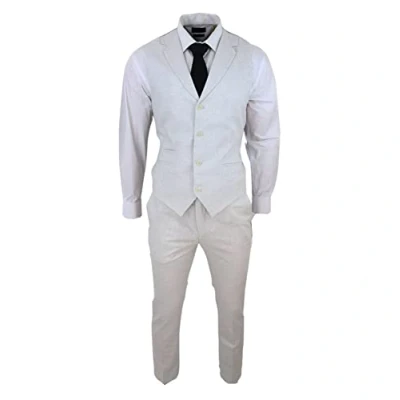 Image of Mens Summer Suit Waistcoat Trousers Linen Smart Formal Light Grey Wedding 48