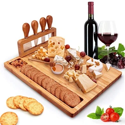 Image of Bamboo Cheese Board Knife Set Charcuterie Platter and Serving Meat Board, Wooden Platter, Unique Gifts for Christmas Wedding Birthday Anniversary