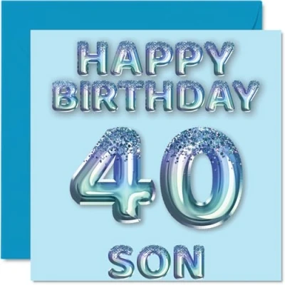 Image of 40th Birthday Card for Son Blue Glitter Party Balloons Happy Cards 40 Year Old from Mum Dad Parents, 145mm x Bday Greeting Gift