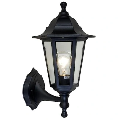 Image of Black &amp; Clear Glass Panel Outdoor Vintage Up Coach Lantern Wall Light IP44 Rated 36cm Height 1 x ES E27 Lamp Required Garden Patio Driveway UK Approved Polycarbonate Coastal