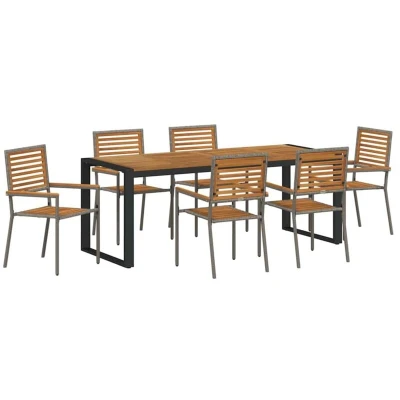 Image of vidaXL 7 Piece Garden Dining Set Grey Poly Rattan Acacia