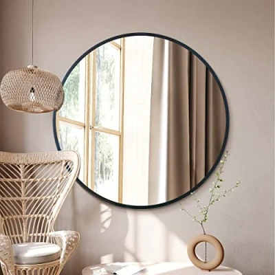 Image of MirrorOutlet The Fenestra Black edged Modern Round Circular Wall Mirror 39&quot; X (100CM 100CM) Silver Glass with Metal Frame