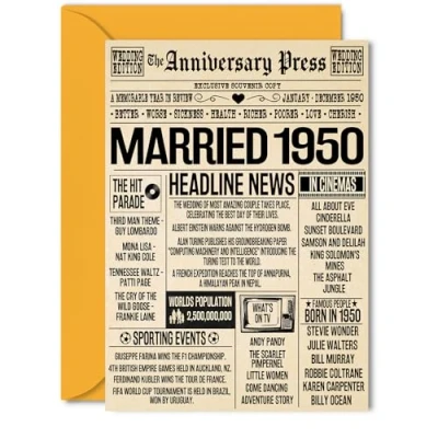 Image of 74th Anniversary Cards for Men Women Married 1950 Newspaper Happy 74 Wedding Card Husband Wife Grandma Grandad Nan Vintage Retro 1950, 5x7 Inch Greeting