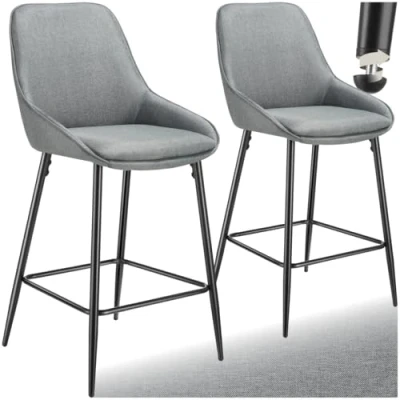 Image of TecTake® Set of 2 Bar Stools with Woven Fabric Covers &amp; Plush Padding, Height Adjustable Stool Backrests Slim Steel Legs, Ideal as Kitchen Island Dining Chairs Grey/Black