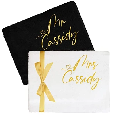 Image of TeddyTs Personalised Mr &amp; Mrs Gold Embroidered Wedding Gift Bath Towel Set (Black White),Bath (120x70cm)