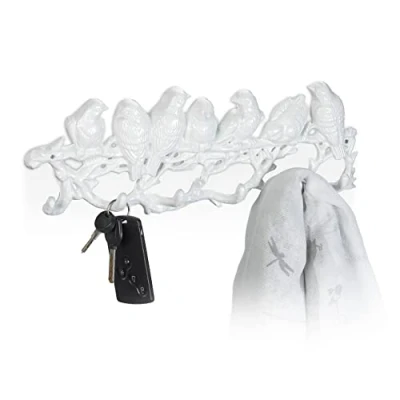 Image of Relaxdays Wall Mounted Coat Rack, Birds Design, Cast Iron, 6 Hooks, Unusual Look, Key Hanger, 13 x 36.5 4.5 cm, White, 100%