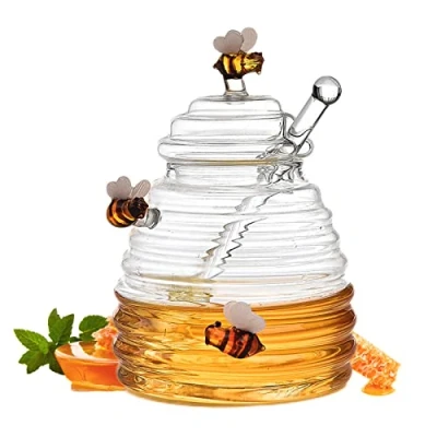 Image of Imtrub Glass Honey Jar, Dispenser with Spoon And Lid, Syrup Dispenser, Beautiful Honeycomb jar Dipper, Transparent