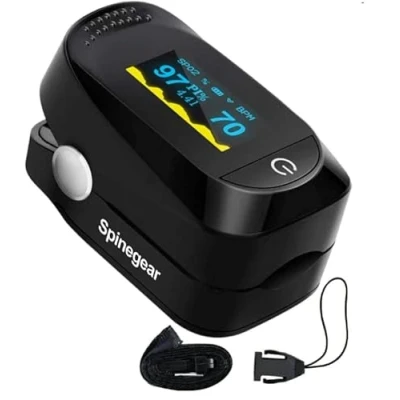 Image of Spinegear Finger pulse Oximeter Blood Oxygen saturation Monitor CE Certified UK Approved MHRA Registerd Spo2 Black with Lanyard