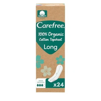 Image of Carefree 100% Organic Cotton Long Panty Liners, Breathable Extra Women&#039;s Saver for Sensitive Skin, Fragrance Free and Super Absorbent Daily Briefs Protector, 24