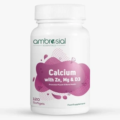 Image of Ambrosial Calcium Magnesium Zinc with Vitamin D3 High Potency Supplement for Bone Health, Muscles &amp; Teeth Highly Bioavailable Citrate Formula (Pack of 1 120 Softgels)