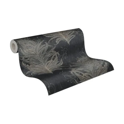 Image of Feather Wallpaper MATA Hari Non Woven 10.05 m x 0.53 Black Gold Grey Made in Germany A.S. Création 380094 38009 4