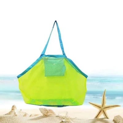 Image of Large Mesh Beach Bag for Toys Sand Away Tote with Zipper Child Swim Pool Travel Sandy Shoes Wet Towels 18 x 12 18inch Green Blue Straps