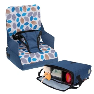 Image of Dreambaby On The Go Kids Booster Seat Portable High Chair with Handy Storage Compartments Fits Most Dining Chairs Lightweight, Compact, and Travel Friendly Navy Blue