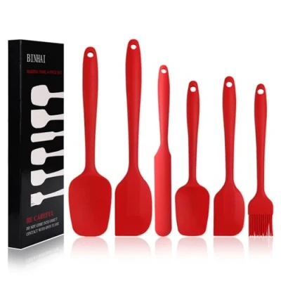 Image of BINHAI Silicone Spatula Set Red 6 Piece Non Stick Rubber with Stainless Steel Core Heat Resistant Kitchen Utensils for Cooking, Baking and Mixing