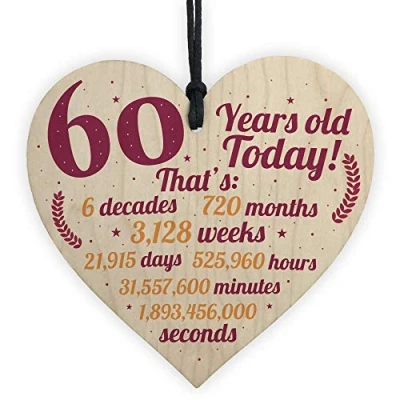 Image of RED OCEAN Novelty 60th Birthday Gift Wooden Hanging Heart Chic Sign Plaque Friendship For Mum Dad Grandparents Keepsake