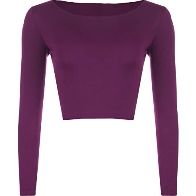 Image of Womens Crop Long Sleeve T Shirt Ladies Short Plain Round Neck Top Purple 8/10