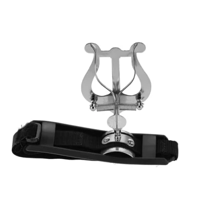 Image of GEWA Marching Music Holder Nickel Plated Large Lyra 2 Pushers Soft Non Slip Plastic Base with Aluminium Plate Velcro Fastener Particularly suitable for children and adults slim arms