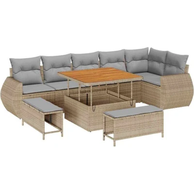 Image of vidaXL 9 Piece Garden Sofa Set with Cushions Beige Poly Rattan Acacia
