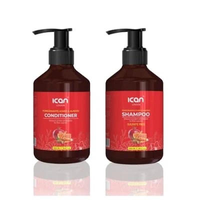 Image of Ican London Pomegranate, Honey &amp; Almond Sulfate Free Shampoo + Conditioner 500ml, Duo Pack For Thick Curly Hair