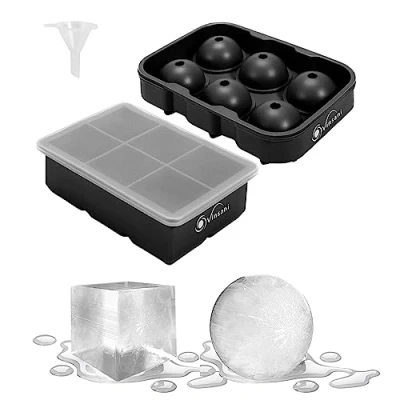 Image of Vinsani 2 Pack Ice Cube Tray with Removable Lid Easy Release Silicone Flexible Ball Mould and Square Maker LFGB Certified BPA Free Stackable Durable Black