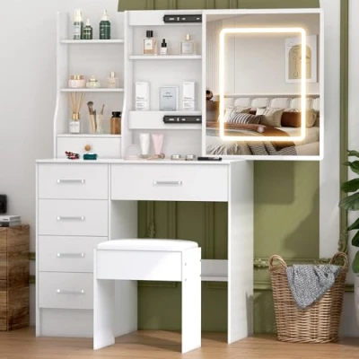 Image of Dressing Table with LED Lights, Vanity Adjustable Brightness Mirror, Makeup Desk Drawers and Open shelves for Bedroom,Modern (H1907LED)