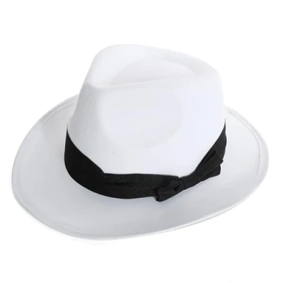 Image of X1 ADULTS WHITE TRILBY HAT FANCY DRESS ACCESSORY GANGSTER WITH BLACK BOW