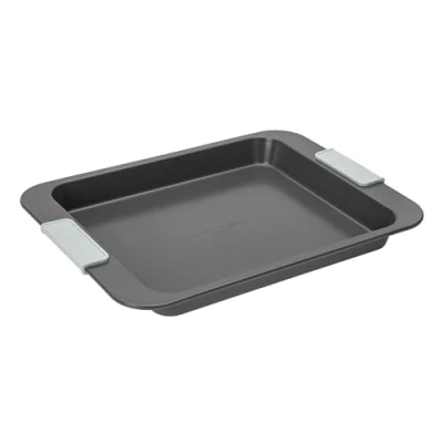 Image of Laura Ashley Non Stick Oven Tray, Large 32 cm, Dishwasher Safe, Safe Freezer Bakeware, Sage Green Silicone Handles, Pale Charcoal Tray for Cooking and Baking (PFAO/PFAS Free)