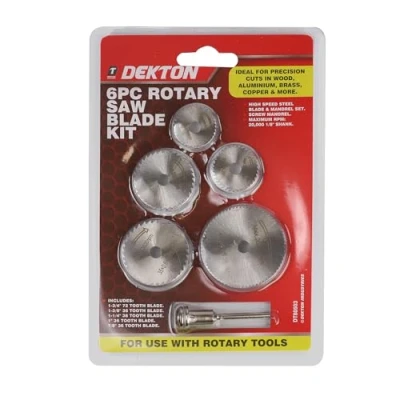 Image of Dekton 6PC Rotary Saw Blade Kit High Speed Steel &amp; Mandrel Set Includes 5 Blades for Tools Maximum 20,000 RPM Compatible with Hand Power Drills Versatile Cutting