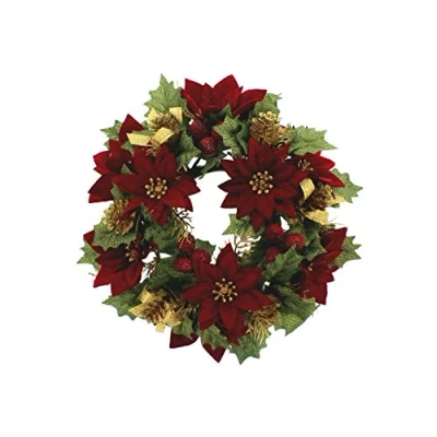 Image of FESTIVE PRODUCTIONS Candle Ring with Burgundy Velour Poinsettias, Microfibre, 25 x 22 7 cm