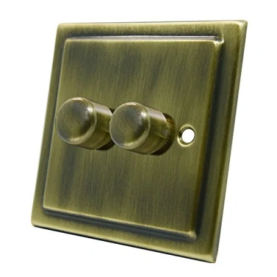 Image of AET VAB2GDIMLED Victorian Antique Brass 250W 10 Amp Double 2 Gang Way LED Light Dimmer Switch, 240 V