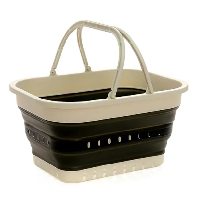 Image of SAMMART 19L Collapsible Tub with Handle Portable Outdoor Picnic Basket/Crater Foldable Shopping Bag Space Saving Storage Container (Grey/Washed Black, 1)