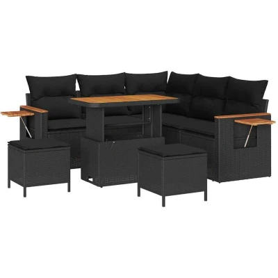 Image of vidaXL 8 Piece Garden Sofa Set with Cushions Black Poly Rattan Acacia