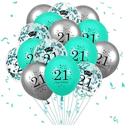 Image of 21st Teal Birthday Balloon Decorations, 15 PCS Silver Happy Balloons for Teen Boy Girl 21 Anniversary Cyan Party Latex Clear Confetti Decor Indoor Outdoor Supplies