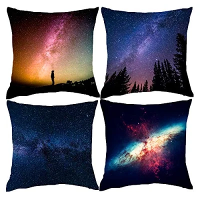 Image of HOSTECCO Galaxy Space Cushion Covers 18x18 inches Set of 4 Universe Pillow Cases Decorative