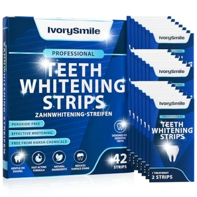 Image of IvorySmile Premium Teeth Whitening Strips Non Sensitive Formula Enamel Safe 40 Peroxide Free 20 Treatments Dentist Formulated Kit, Mouth Opener Included